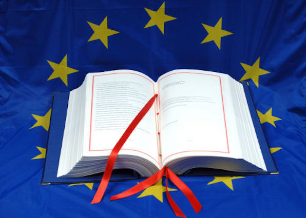 libro bianco in primo piano con sfondo la bandiera dell'unione europea