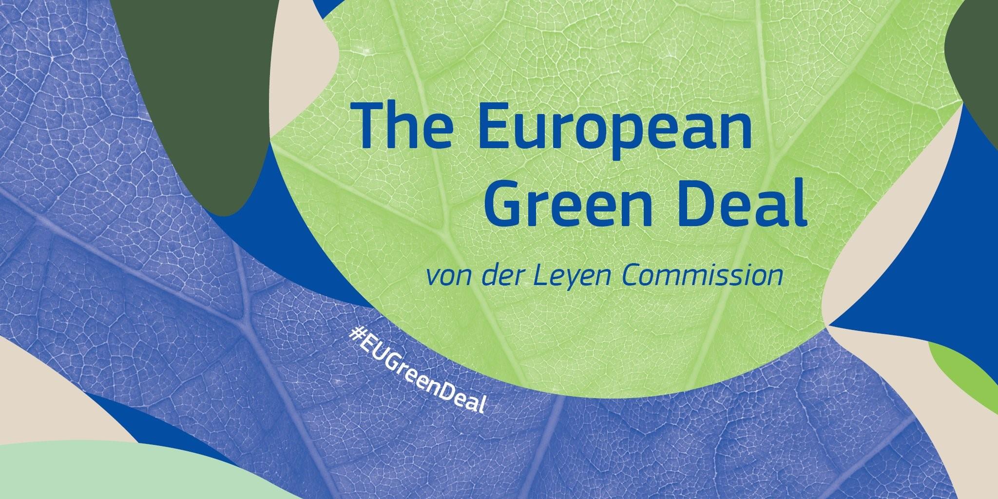 Foglie blu e verdi con la scritta "The Europea Green Deal von der Leyen Commission #EUGreenDeal"